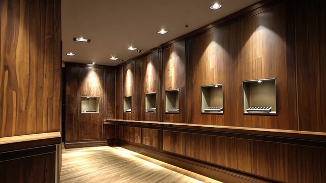 Elegant wooden corridor with soft lighting and display niches