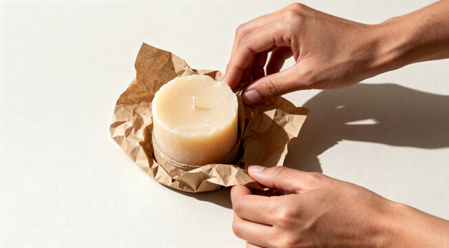 Hands delicately wrapping a cylindrical, natural wax candle in recyclable brown kraft paper, highlighting sustainable packaging practices and artisanal care