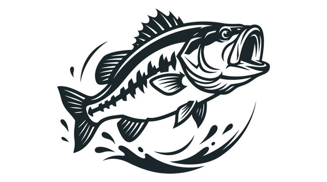 Minimalist black and white vector illustration of a jumping bass fish with stylized water splashes
