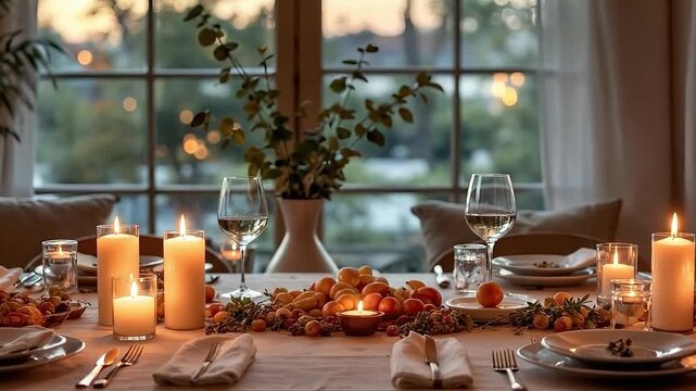 An elegantly set dinner table with candles and fruits at sunset.
