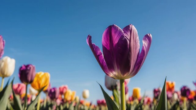 close-up of colorful tulips growing in neat rows across a blooming field, warm daylight illuminating smooth petals