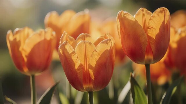 close-up of colorful tulips growing in neat rows across a blooming field, warm daylight illuminating smooth petals