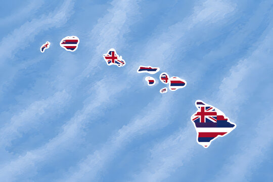 Hawaiian Islands map with Hawaii state flag on watercolor background