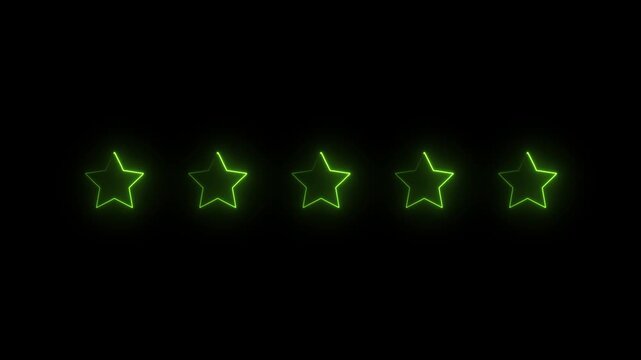 Five stars icon in glowing neon animation on a black background. Five stars star rating for review, feedback, assessment.