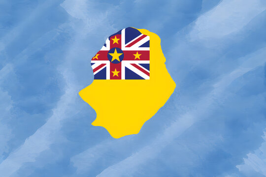Niue map with territorial flag on watercolor background