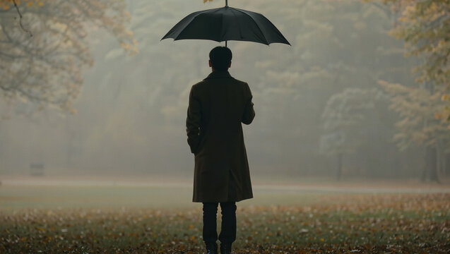 Man with umbrella standing in foggy autumn park with fallen leaves