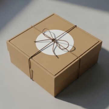 Small brown cardboard gift box tied with black string and a white paper circle