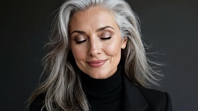 Mature woman with silver hair smiles confidently in a stylish blazer.