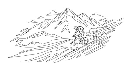 Mountain Biker Descending Steep Trail with Majestic Peaks Background - Line Art © Ellaut