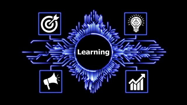 Educational technology concept with glowing circuit board and learning icons.