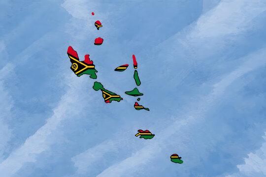 Vanuatu map with national flag colors on watercolor background