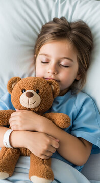 Young Girl Hugging Teddy Bear While Recovering in Hospital Bed