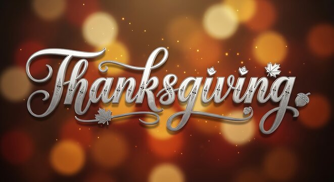 Thanksgiving celebration silver text with decorative leaves on bokeh background