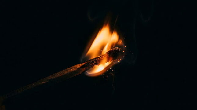 Burning wooden match stick with bright flame on dark background