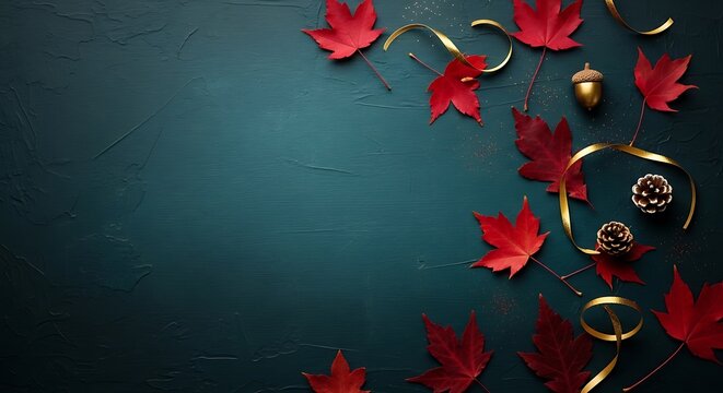 Autumn leaves and gold ribbons on dark green background with acorns and pine cones