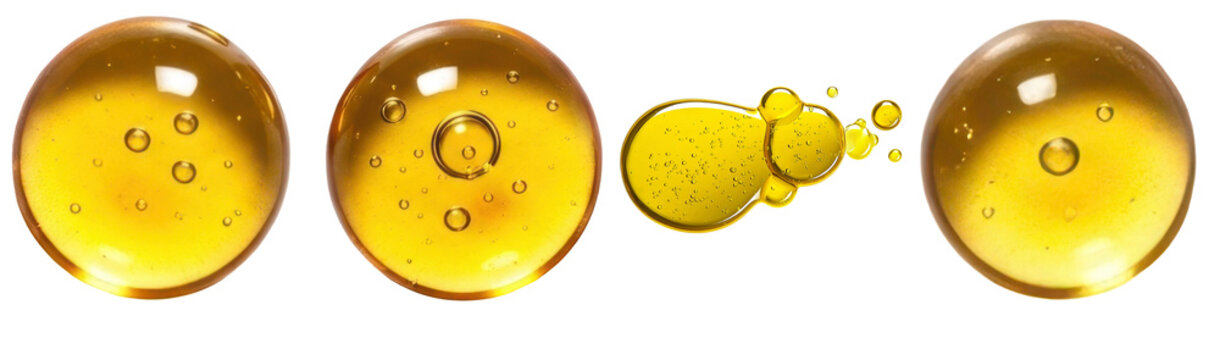 a stunning 3d render of vibrant golden yellow oil drops with delicate bubbles, isolated on a sleek transparent background, perfect for beauty product concepts.