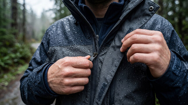 Man zipping up waterproof jacket in rainy forest