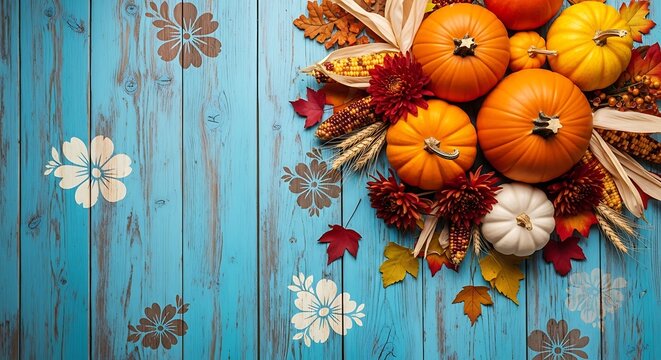 Pumpkins and autumn leaves on blue wooden background with floral pattern