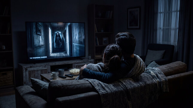Couple watching scary movie at night on couch with popcorn