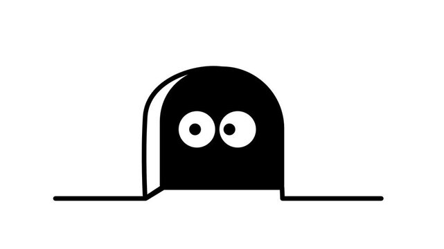 A ghost-shaped figure with large circular white eyes emerges from a black arched mouse hole on a white floor surface