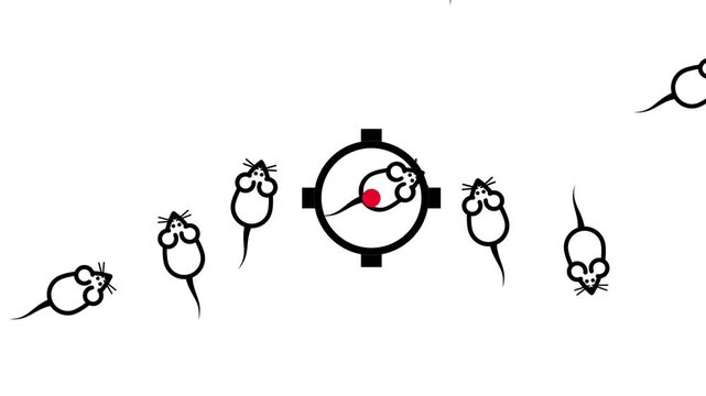 Multiple scattered mouse face icons with red dot pupils are spread across a white panel in a loose chaotic arrangement