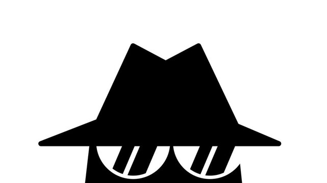 A large black wide-brimmed hat with small white eyes and thick white curved mustache sits against a pure white background