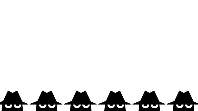 A long row of identical black wide-brimmed hats with white eyes lines up in a repeating pattern across a dark background