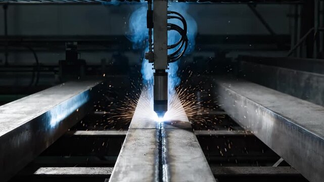 Medium shot of hybrid laserarc welding joining thick metal plates along a precise longitudinal seam with bright sparks and focused intense light