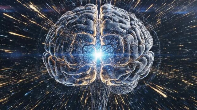 Human brain with glowing neural network connections and light bursts in space