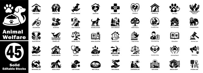 Obraz premium Animal welfare solid icon set. Featuring concepts such as pet sheltering, protection, and rescue.