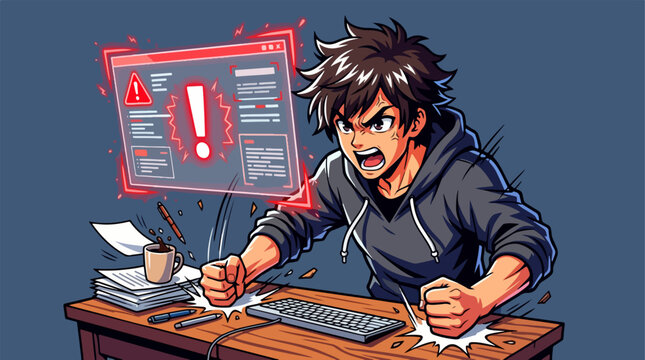 Frustrated man at computer desk.