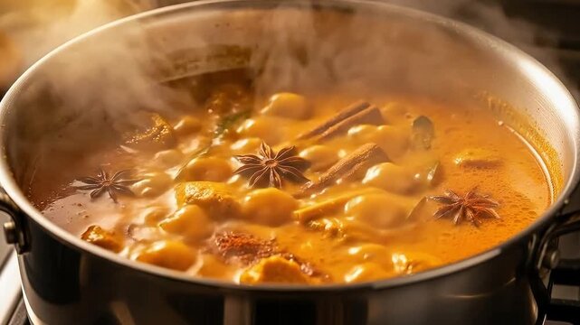 Aromatic curry stew simmers in a pot with spices.