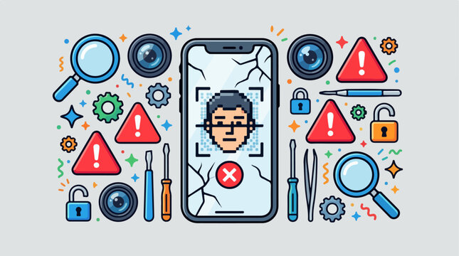 Man on phone with alert symbols.