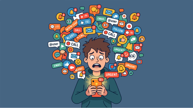 Man overwhelmed by social media.