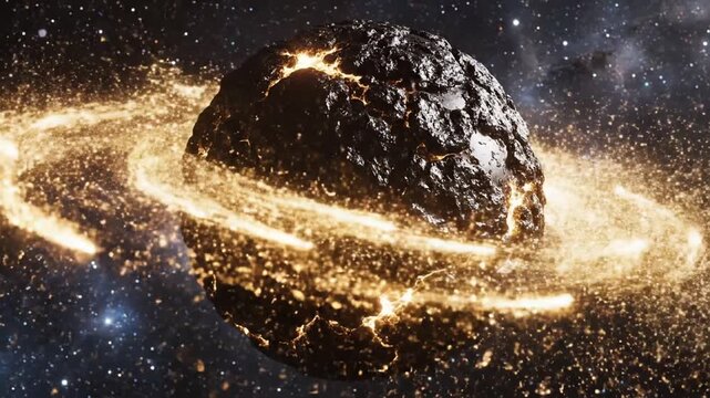 Dying rocky planet with glowing magma fissures and bright energy trail in deep space
