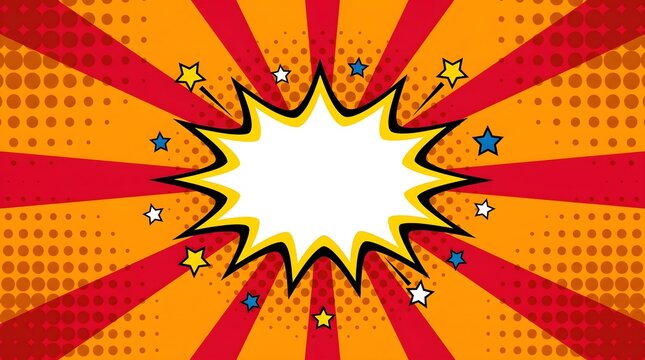 Retro comic book background with explosion speech bubble, pop art sunburst with halftone dots, vintage superhero blast frame for text