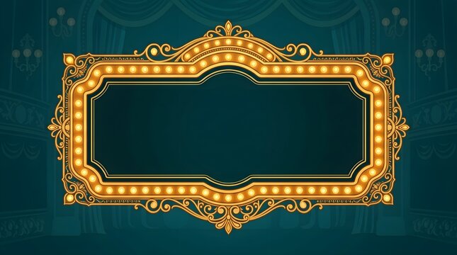 Vintage marquee sign with glowing light bulbs, ornate golden theater frame on dark teal background, elegant cinema billboard for show announcements