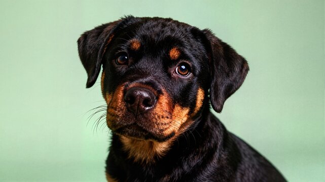 Adorable Rottweiler puppy portrait looking at camera with soft studio lighting for pet adoption or training website banner