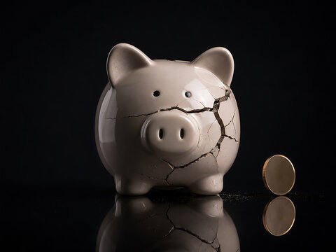 Cracked ceramic piggy bank against dark background with investment bankruptcy financial moneybox reflection shattered business security retirement