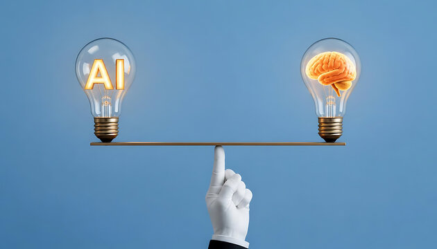 Artificial intelligence and human brain comparison on a balance scale during concept development