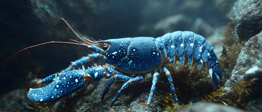 a blue lobster with starry spots, swimming at the bottom of an ocean canyon. background illustration of animals in water.