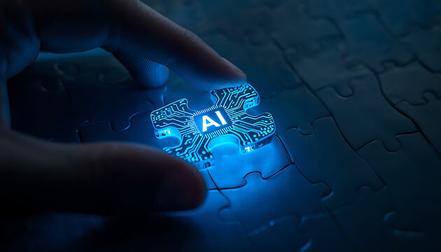 Human hand placing glowing AI chip puzzle piece into complex circuit board solution