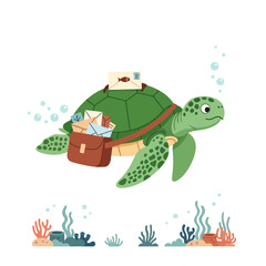 Obraz premium Cartoon turtle carrying letters, sea mail delivery illustration