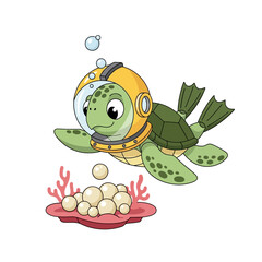 Obraz premium Cartoon turtle wearing diving helmet, swimming underwater with bubbles
