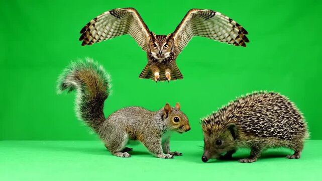 A curious trio of woodland creatures - an owl, a squirrel, and a hedgehog captured in a studio setting with a vibrant green background