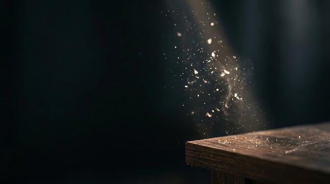 Dust particles dancing in a beam of light on a wooden table