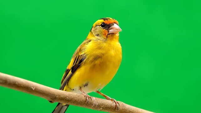 Close-up of a vibrant yellow bird perched on a branch against a solid green background, capturing its detailed features and colorful plumage