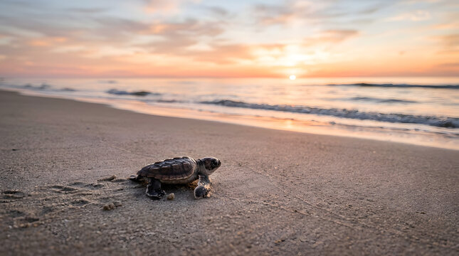 Baby sea turtle crawling toward ocean at sunset on sandy beach