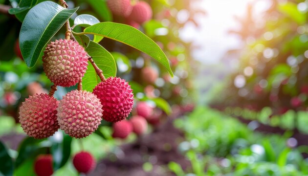 Close-up of fresh lychee fruits hanging on a branch in a sunny plantation, with rows of lychee trees blurring into the background under warm sunlight.