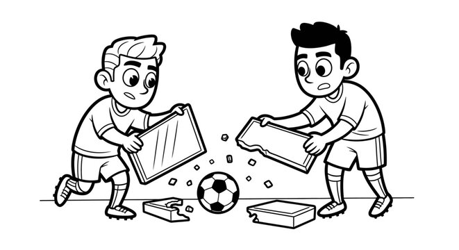 Cartoon boys playing soccer with open suitcase boxes.